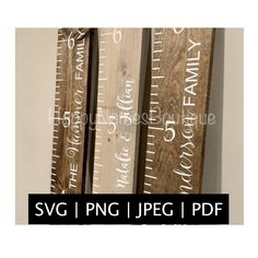 three wooden rulers with the words svg, png, jpeg and pdf