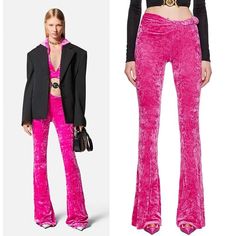 HTML 5 Template   NEW $1,375 VERSACE Runway Glossy Pink Crushed Velvet Jersey Flared Pants Size(s) 40 (US 4) Description New with tag. Purchased from Versace. Retail $1,375. Photos are of the actual item. Authentic Versace pants in a pretty pink. Color is called Glossy Pink. Crushed velvet jersey has stretch for a flattering fit. Flared silhouette has an asymmetrical waist featuring a padded, rolled detail accented by a Greca pin. Zipped side. Unlined. Trim: 25% silk, 75% acetate. Material: 8% elastane, 92% polyester. Style 1009057. Made in Italy. Great for a night out or around town. * All items are clean and from a non-smoking home. *                                             ** Payment is expected within 5 days. Please read measurement carefully as sizes vary with designers, please as Versace Pants, Versace Runway, Html 5, Glossier Pink, Flared Pants, Crushed Velvet, Pretty Pink, Pants Outfit, Flare Pants