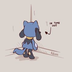 a drawing of a blue dog sitting in front of a wall with the words in time out above it