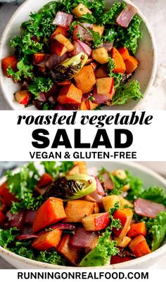 roasted vegetable salad with vegan and gluten - free dressing in a white bowl