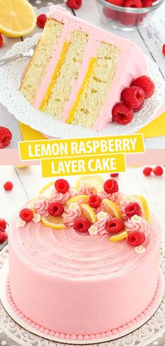 lemon raspberry layer cake on a white plate