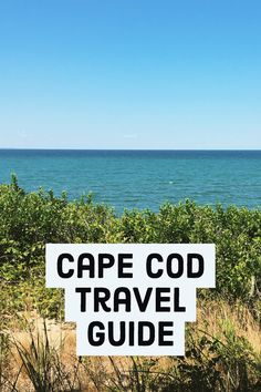 a sign that says cape god travel guide in front of the ocean and trees with blue sky