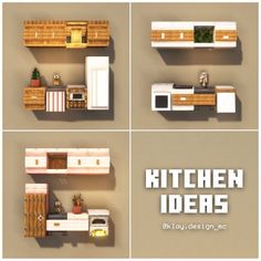 the four shelves are made out of wood and have different types of kitchen items on them