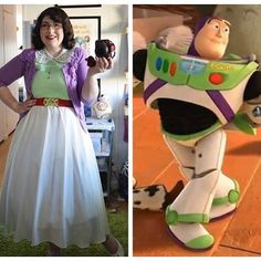 a woman in a dress standing next to a toy story character