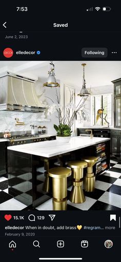 a kitchen with black and white checkered flooring, gold stools and an island