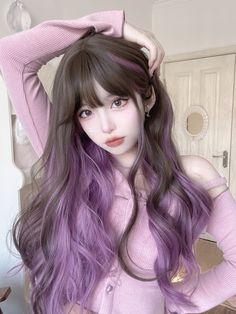 Black To Color Ombre Hair, Cute Long Hairstyles With Bangs, Color Hair With Bangs, Bangs Colored Hair, Hairstyles For Long Hair With Bangs, Dyed Hair Colors, Long Hair Styles With Bangs, Purple Hair Ombre, Peak A Boo Hair