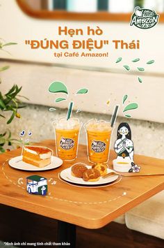 there are three drinks and two pastries on the table with an advertisement in the background