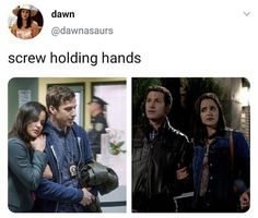 two people standing next to each other in front of a screen with the caption'screw holding hands '