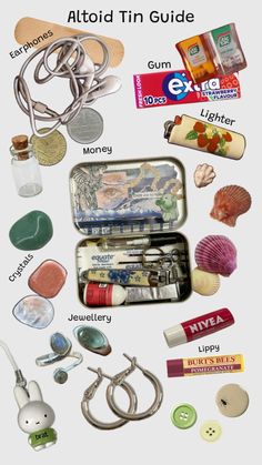 A guide to making the perfect altoid tin with suggestions to what you can put inside, featuring; earphone, money, bandaids, gum, shells, crystals, jewellery, lip balm and lil Knick knacks.. Memories Box Diy, Burt's Bees Pomegranate, Altoids Tins, Backpack Essentials, Inside My Bag, Diy Wallet, Diy Crafts Paper Flowers, What In My Bag, Moisturizing Lip Balm