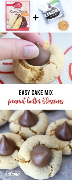 an easy to make peanut butter blossoms recipe with the title in the middle and on top