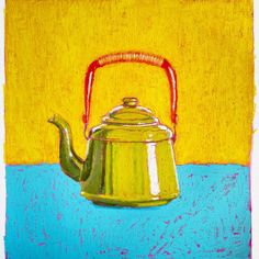 a painting of a green teapot on a blue and yellow background with a red handle