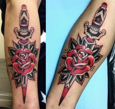 Dagger Rose Tattoo, Dagger Tattoo Traditional, Trad Sleeve, Snakes And Roses, American Traditional Rose, Rose And Dagger Tattoo, Traditional Dagger Tattoo, Traditional Dagger, Roses Tattoos