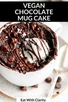 vegan chocolate mug cake with whipped cream and chocolate chips