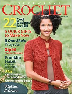 the cover of crochet magazine features a woman in a red sweater