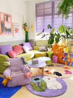 a living room filled with lots of colorful furniture