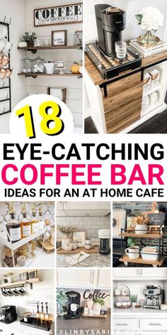 Looking for the best coffee bar ideas to start the morning right? Here are 18 of the most gorgeous and practical coffee station ideas. Drinking Station Home, Office Desk Coffee Bar, Kitchen Coffee And Tea Station, Modern Office Coffee Station Ideas, Home Bar Decoration Ideas, Coffee Drink Bar In Kitchen, Items For Coffee Bar, Coffee Station Styling Ideas, Coffee Bar For Apartment