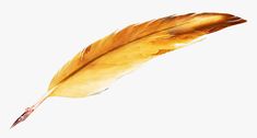 a yellow feather quill is flying through the air on a white background with no shadow