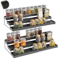 two tiered spice rack with spices and condiments on each shelf for storage