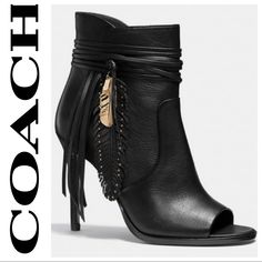 Coach Q6609 Laurel Mill Stiletto Bootie Stiletto Heel 3.75” Heel Peep Toe Features Wrapped Leather Straps Around Ankles With Feather Charms Like New! These Boots Were Worn One Time For A Couple Of Hours. Other Than The Expected Scuffing On The Bottoms From Wear They Look Brand New. Beyond Bold, These Dramatically Fringed Statement Booties Are Striking In Black Leather With A Stiletto Heel, A Peep-Toe, Studs And Custom Feather Details. Leather. 3 3/4" Heel. Color: Black Comfy Heels, Fabulous Shoes, Hot Shoes, If The Shoe Fits, Shoe Fits, Coach Shoes, Shoe Lover, Heels Sandals, Shoes And Boots