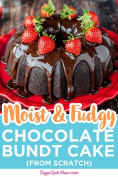 a chocolate bundt cake with strawberries on top and the words moist & fudgy above it