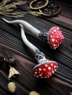 two red and white mushrooms sitting on top of a wooden table next to dried flowers