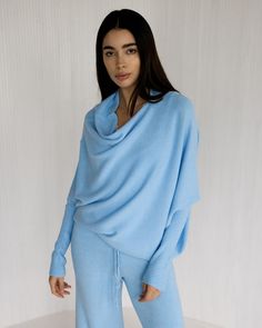 LIMITED RESTOCK | Asymmetric Draped | Arctic Blue Blue Cowl Neck Sweater, Classic Knitwear, Draped Sweater, Fluid Design, Lace Vest, Arctic Blue, Women's Outfits, Open Weave, Outdoor Wear