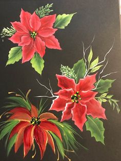 a painting of three poinsettias with green leaves and red flowers on a black background