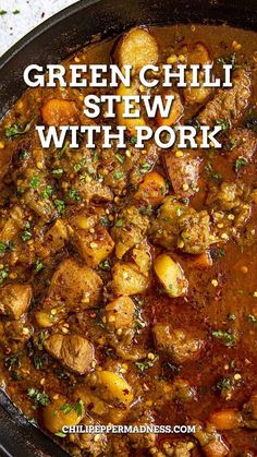 green chili stew with pork in a cast iron skillet on top of a white table