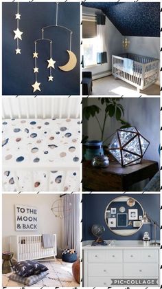 a collage of photos with stars, moon and crescents hanging from the ceiling