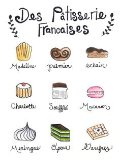 the different types of french desserts are shown in this handwritten poster, which is also