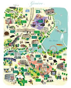 an illustrated map of the city of geneva, with people walking and biking around it