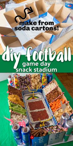 an image of a football snack stand with snacks on it and the words make from soda cans diy football game day snack stadium