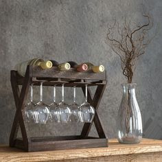 a wooden rack with wine glasses on it