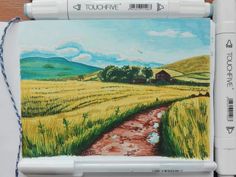 a drawing of a rural scene with a dirt road