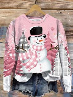 Round Neck Long Sleeve Top, Pink Winter, Christmas Tops, Christmas Print, Plus Size Kleidung, Christmas Hoodies, Tops Fall, Top Gifts, Pink Sweatshirt