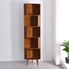 a tall wooden shelf next to a potted plant