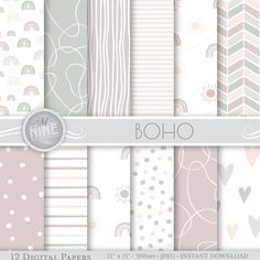 a set of 12 digital paper patterns with hearts, arrows and lines in paste colors