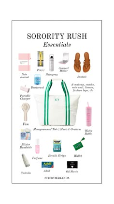 the contents of a tote bag are labeled in green and white, along with other items