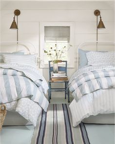 two beds in a bedroom with blue and white striped comforters on the bedding