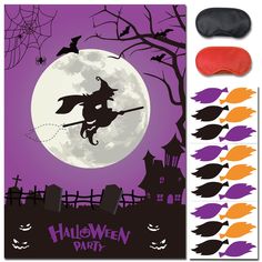 PRICES MAY VARY. Package Including-28"x 20"large water-proof poster,2 PCS orange and black soft blindfold,24PCS broom stickers and 8PCS Glue Dots. High Quality-Posters and stickers are made of copperplate paper, waterproof and not easy to damage, and can be reused.Give children a more perfect experience. Halloween Party Game-Pin the broom on the witch is a very fun game.All children will like to participate in this game.It can promote the friendship of children and exercise their perception abil Witch Birthday Party Games, Hocus Pocus Party Game, Witch Theme Games, Witch Party Game, Kids Party Packs, Halloween Party Activities, Pin The Tail, Ghost Decoration, Halloween Party Games