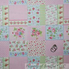 a pink and green patchwork wallpaper with flowers on the top, roses in the middle