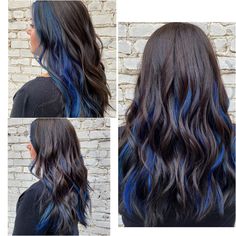 Blue Pieces In Hair, Blue Hair For Brown Hair, Dark Blue Lowlights In Brown Hair, Pops Of Color Hair Brunette, Dark Brown Hair With Blue Peekaboos, Blue Hair Highlights For Brown Hair, Ash Brown And Blue Hair, Black And Brown Hair Ideas