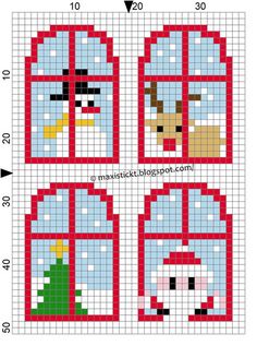 four cross stitch christmas windows with snowman and dog in the window, one is red