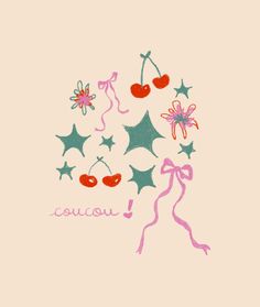 a drawing of cherries and stars on a pink background