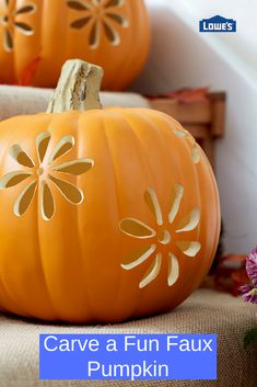 two carved pumpkins sitting next to each other on top of a chair with the words, carve a fun faux pumpkin