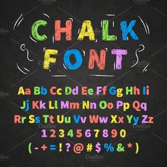 chalk font and numbers on a blackboard with colored crayon letters in the middle