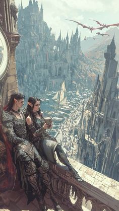 two people are sitting on a ledge overlooking a city