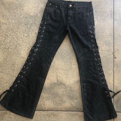 Jean Base. Lace Up Sides Handmade Into A Piece Of Rocker Art! Black Sz: 28/30 Length: 40” Bell: 11” Ethan Core, Bellbottom Jean, Black Bell Bottom Jeans, Gothic Jeans, Boot Cut Jeans, Art Black, Cut Jeans, Dream Wardrobe, Bell Bottom Jeans