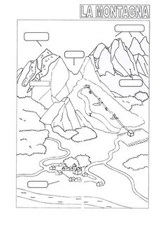 a coloring page with the words la montagna on it and mountains in the background