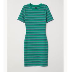 Never Worn Green Ribbed Dress, Long Winter Dresses, Psychobilly Fashion, Striped Jersey Dress, Party Dress Classy, Dress H&m, Ribbed Dress, Ribbed Dresses, Vestido Casual